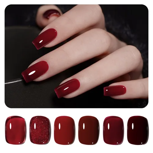 Vista 27 de GAOY - Juego de 6 esmaltes de uñas en gel de color rojo borgoña, incluido el kit de esmaltes en gel de color rojo vino cereza oscuro con luz