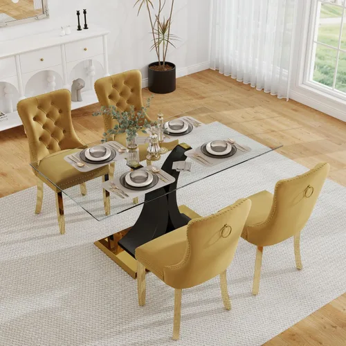 Vista 55 de Juego de comedor moderno de vidrio de lujo de 5 piezas, juego de cena rectangular minimalista grande para 4, juego de mesa de cocina de vidrio
