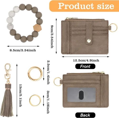 Vista 3 de Cartera llavero pulsera para mujer, delgado RFID tarjeta de crédito, monedero, borla llavero brazalete para hombres y mujeres, Arcilla, Classic