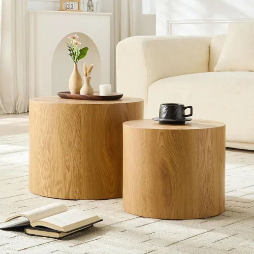 Vista 20 de Juego de 2 mesas de centro anidadas, modernas mesas de centro redondas de madera, mesa auxiliar decorativa para espacios pequeños, sala de estar