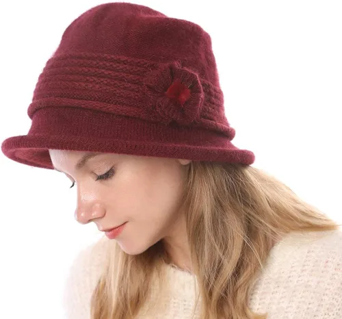 Vista 55 de C-US - Gorro de punto cálido para mujer, con visera de ganchillo con acento de flores