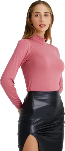 Vista 4 de marpessa Camiseta de manga larga con cuello alto para mujer, elástica, ajustada, ligera