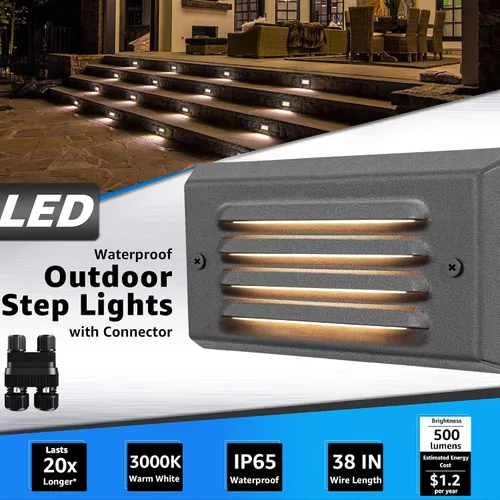 Vista 2 de SUNVIE Luces de paso de bajo voltaje, luces LED de escalera para exteriores de 5 W con placa frontal de rejilla horizontal para escalones