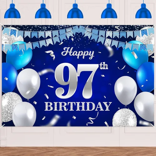 Vista 27 de Bandera de feliz primer cumpleaños con fondo azul marino, globos, confeti, bandera de rayas, luces de puntos, felicitaciones por el tema de 1 año