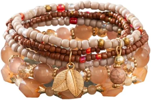 Vista 26 de 4 piezas de juego de pulseras bohemias apilables de múltiples capas con cuentas de cristal coloridas, pulseras elásticas con cuentas de oro Verde