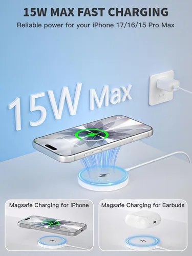 Vista 2 de Cargador inalámbrico para iPhone, 15 W rápido Apple Mag-Safe cargador magnético de carga para iPhone 17Pro Max/16 Pro Max/16Pro/16/iPhone 15Pro