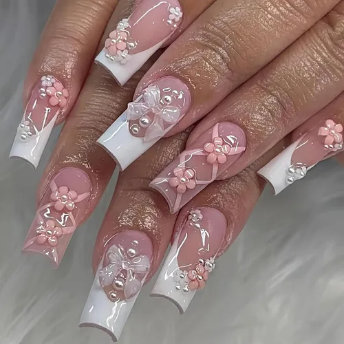 Vista 24 de Lindas uñas a presión de tamaño mediano - Uñas falsas cuadradas con punta francesa, uñas acrílicas rojas de cobertura completa brillantes