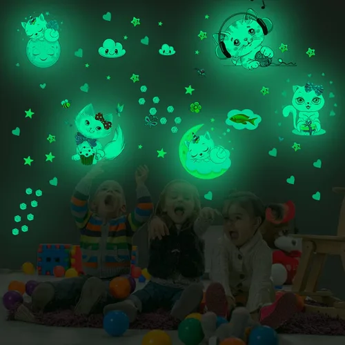 Vista 8 de Estrellas que brillan en la oscuridad para la habitación, adhesivos de pared/techo que brillan de gatos, calcomanías de mariposas de gatito