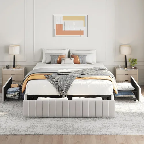 Vista 3 de Yaheetech Bastidor de cama completo con plataforma tapizada con 3 cajones de almacenamiento, gran espacio de almacenamiento/Listones de madera