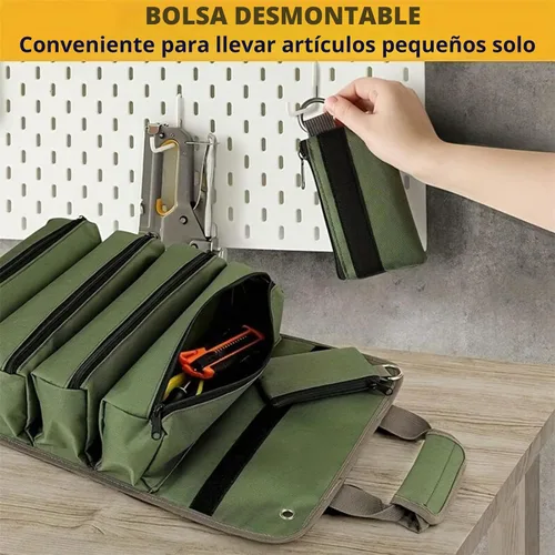 Vista 5 de Bolsa de herramientas enrollable, almacenamiento de herramientas suave portátil resistente con 2 bolsas desmontables, regalos para hombre, papá