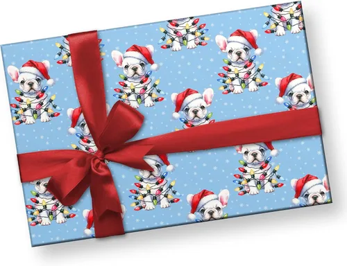 Vista 3 de Lindas luces de Navidad, papel de regalo de bulldog francés de Navidad, decoración de Navidad con temática de perro cachorro