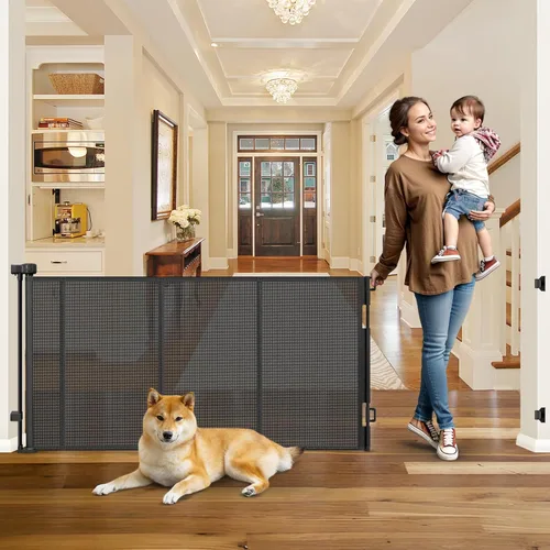 Vista 9 de Puertas de bebé extra anchas de 100 pulgadas para gran apertura, puerta retráctil para interiores para perros, puertas para cachorros para la casa