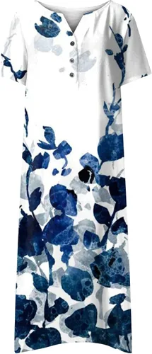 Vista 3 de Lmzaren Vestidos de verano de moda 2023 para mujer, vestido de playa con estampado casual, manga corta, cuello redondo, talla grande, vestido bohemio
