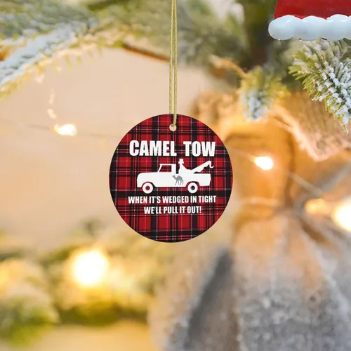 Vista 8 de Camel Towing When It's Wedged in Tight We'll Pull It Out Árbol de Navidad colgante cerámica redondo adornos de Navidad decoración del hogar