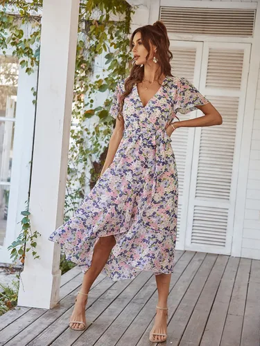 Vista 8 de PRETTYGARDEN - Vestido floral para mujer estilo bohemio, cruzado, con cuello en V, manga corta, con cinturón, dobladillo con volantes, acampanado