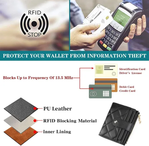 Vista 6 de GAEKEAO Cartera pequeña para mujer, de dos pliegues con bloqueo RFID, estuche para tarjetas de crédito con bolsillo con cremallera, A-Negro, Classic