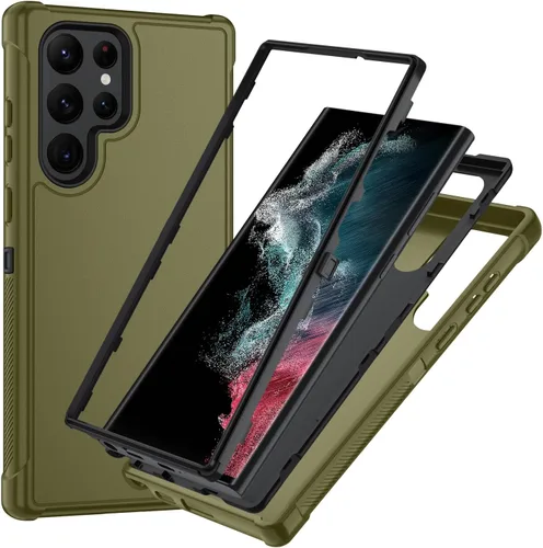 Vista 65 de SunStory Funda 3 en 1 para Samsung Galaxy S22 con protector de pantalla Verde Armada (ArmyGreen)
