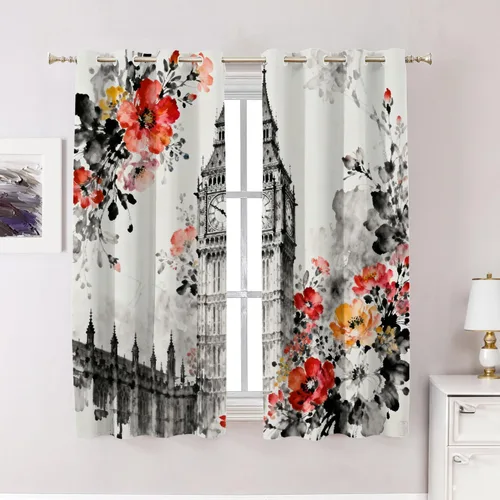 Vista 84 de Cortinas opacas de cocina con pintura al óleo de Europa rosa y negra para ventanas, cenefas opacas modernas de torre Eiffel de poliéster multicapa