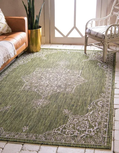 Vista 44 de Unique Loom Alfombra de la colección tradicional para exteriores, antigua (4 pies 1 pulgada, redonda, verde azulado/gris)