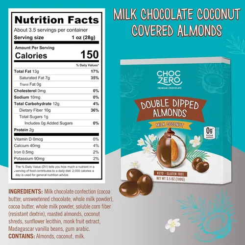 Vista 2 de ChocZero Almendras cubiertas de chocolate de coco sin azúcar, 3.5 onzas, paquete de 4