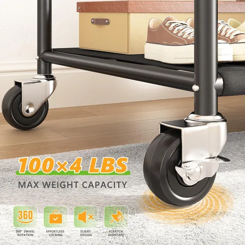 Vista 5 de Raybee Percheros para colgar ropa, perchero ajustable con ruedas bloqueables, estantes de almacenamiento, estante multifuncional para dormitorio