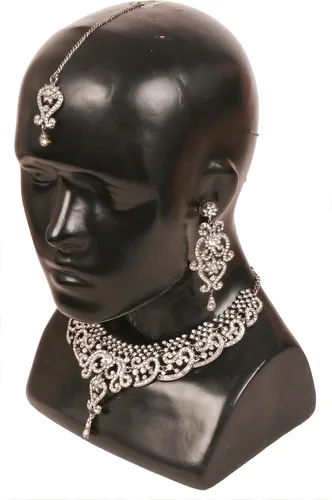 Vista 116 de Conjunto precioso de collar con look real Indian Bollywood, maravillosamente decorado, conjunto de collar adornado para mujer.