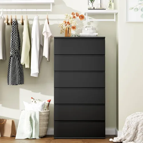 Vista 9 de FOTOSOK Cómoda Negra, Cómoda de 6 Cajones, Cómoda Alta y Moderna Negra de Almacenamiento Cajonera de Madera con Riel Deslizante de Metal, Gabinete
