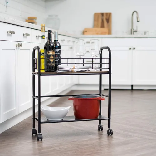 Vista 3 de IRIS USA Carrito rodante de almacenamiento de cocina de 2 niveles con ruedas giratorias con cerradura, estación de café, estante de despensa, bar