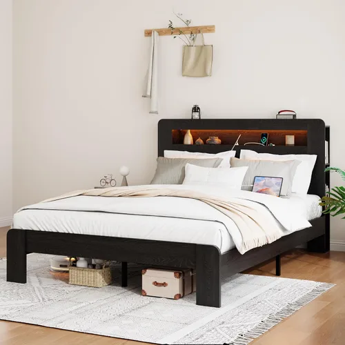 Vista 6 de Marco de Cama de Madera Tamaño Full con Cabecera de Almacenamiento, Marco de Cama de Plataforma Estilo Granja con Estante de Librería y Luces LED