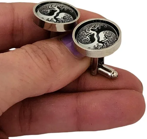 Vista 3 de Celtic Tree of Life Ying Yang Cufflinks and Lapel Tie Pin Tack Gift for Men