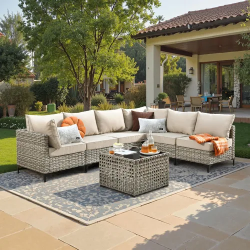 Vista 15 de ovios Muebles de patio de 8 piezas con hoguera, juego de conversación de mimbre de ratán para exteriores con mesa de centro brillante, cómodo sofá