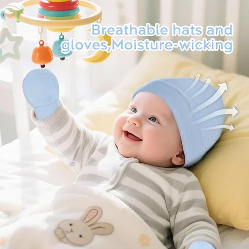 Vista 4 de Zando Gorros y manoplas unisex para bebés, gorro de hospital para recién nacidos, con guantes antiarañazos, conjunto para bebés y niños