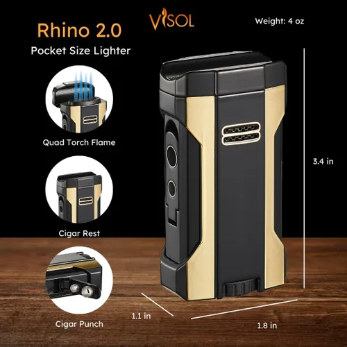 Vista 2 de Visol Rhino 2.0 - Encendedor de gas recargable con llama cuádruple, reposo integrado, dos perforadores integrados, encendedor de llama ajustable