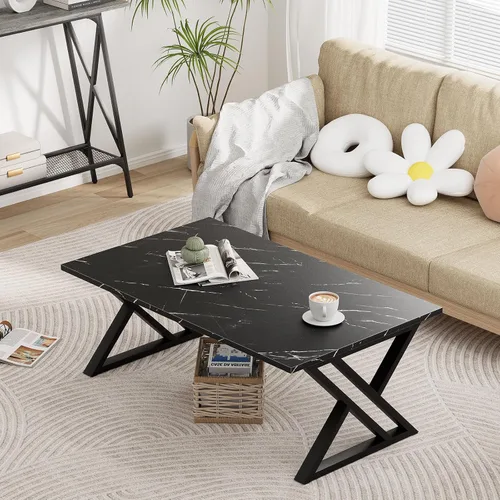 Vista 2 de Wolawu - Mesa de café para sala de estar, mesa central negra, mesa de té rectangular moderna y simple de mármol falso con marco de metal acabado
