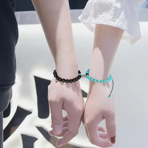Vista 29 de 2 pulseras magnéticas para parejas, piedra natural negra mate, cristal para votos de amor eterno, juego de pulseras de cuentas de piedra de energía