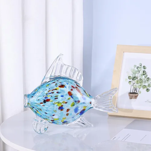 Vista 3 de Figura grande de pez de vidrio para decoración del hogar, estatua de animales marinos de vidrio soplado a mano, escultura decorativa con temática