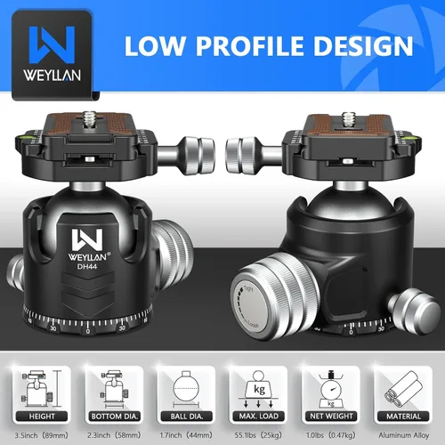 Vista 3 de Cabeza de trípode 44mm de perfil bajo, WEYLLAN DH44 cabeza de bola panorámica de 360 grados de metal con dos placas de liberación rápida, cabeza