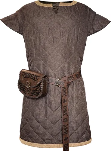 Vista 2 de HiiFeuer Túnica medieval para disfraz, con cinturón y bolsa vintage, armadura de tela de caballero mercenario, juego de cosplay LARP renacentista