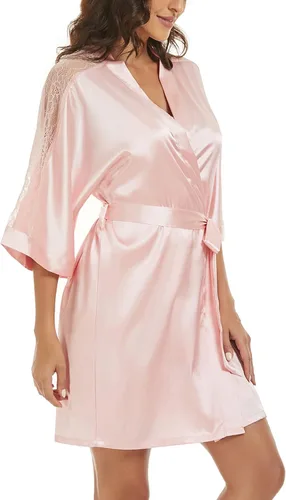Vista 4 de Conjunto de pijama de seda para mujer, bata de satén con camisón de 2 piezas, ropa de dormir sexy de encaje, ropa de dormir kimono, batas de dama