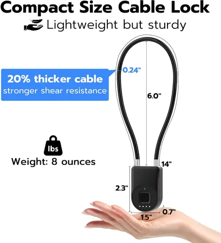 Vista 6 de Anweller Candado de cable de huellas dactilares, grillete pequeño de 14 pulgadas de largo, entrada sin llave, biométrico, Bluetooth, bloqueo