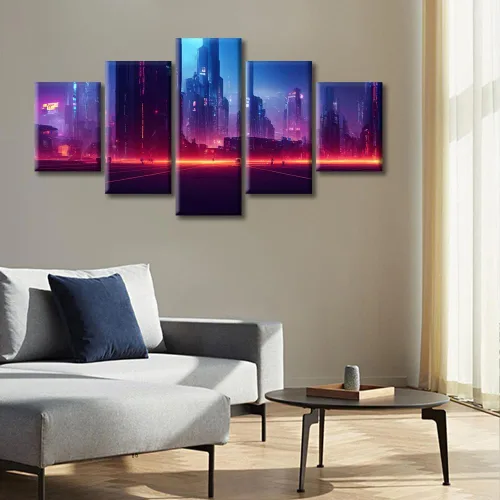 Vista 394 de Cuadros de 5 paneles de Cyberpunk City, arte de pared, representación de vallas publicitarias, edificios modernos en la capital con obras de arte