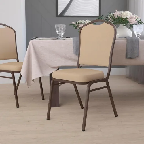 Vista 12 de EMMA + OLIVER Silla de banquete con respaldo de corona, tela estampada beige/marco dorado