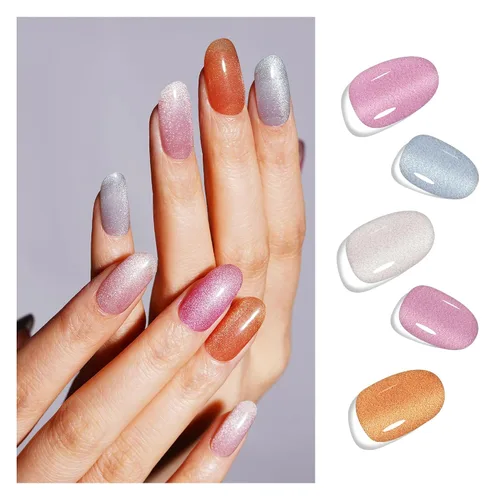 Vista 32 de DANNI & TONI Tiras de uñas de gel semicuradas, color rosa champán, ojos de gato, 28 calcomanías de regalo para mujer Aqua Ripple