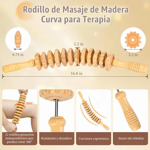 Vista 5 de Herramientas de rodillo de masaje de terapia de madera curvada, masajeador de drenaje linfático de madera, herramienta de masaje para celulitis