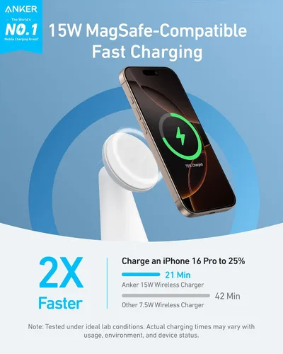 Vista 2 de Anker Soporte de carga 2 en 1 compatible con MagSafe, cargador inalámbrico iPhone 16, certificado Qi2 de 15 W, ultra rápido, ajustable y súper
