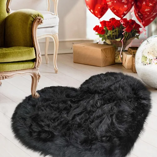 Vista 7 de YRXRUS Alfombra con forma de corazón, alfombra negra con forma de corazón, alfombras de pelo sintético esponjosas, alfombras de pelo largo para Negro