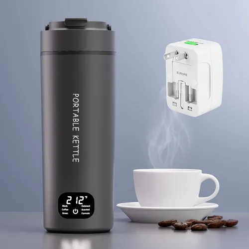 Vista 8 de Hervidor eléctrico portátil de doble voltaje, agua caliente de viaje para té, café, 6 controles de temperatura y pantalla LCD, acero inoxidable 304
