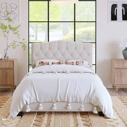 Vista 11 de DSHADE Base de cama Queen con plataforma tapizada de lino moderno, base de cama de madera maciza beige con cabecero, detalles capitoné de diamante