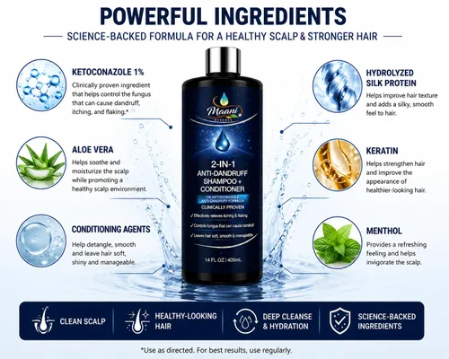 Vista 3 de Maani Essence Champú y acondicionador anticaspa 2 en 1, 16.7 onzas líquidas (16.9 fl oz), fórmula de ketoconazol con queratina y aloe vera, champú