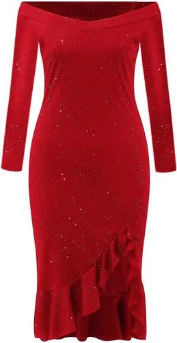 Vista 2 de Vestido midi con lentejuelas y purpurina para mujer, con hombros descubiertos, dividido, talla grande, ajustado, formal, para noche, cóctel, baile